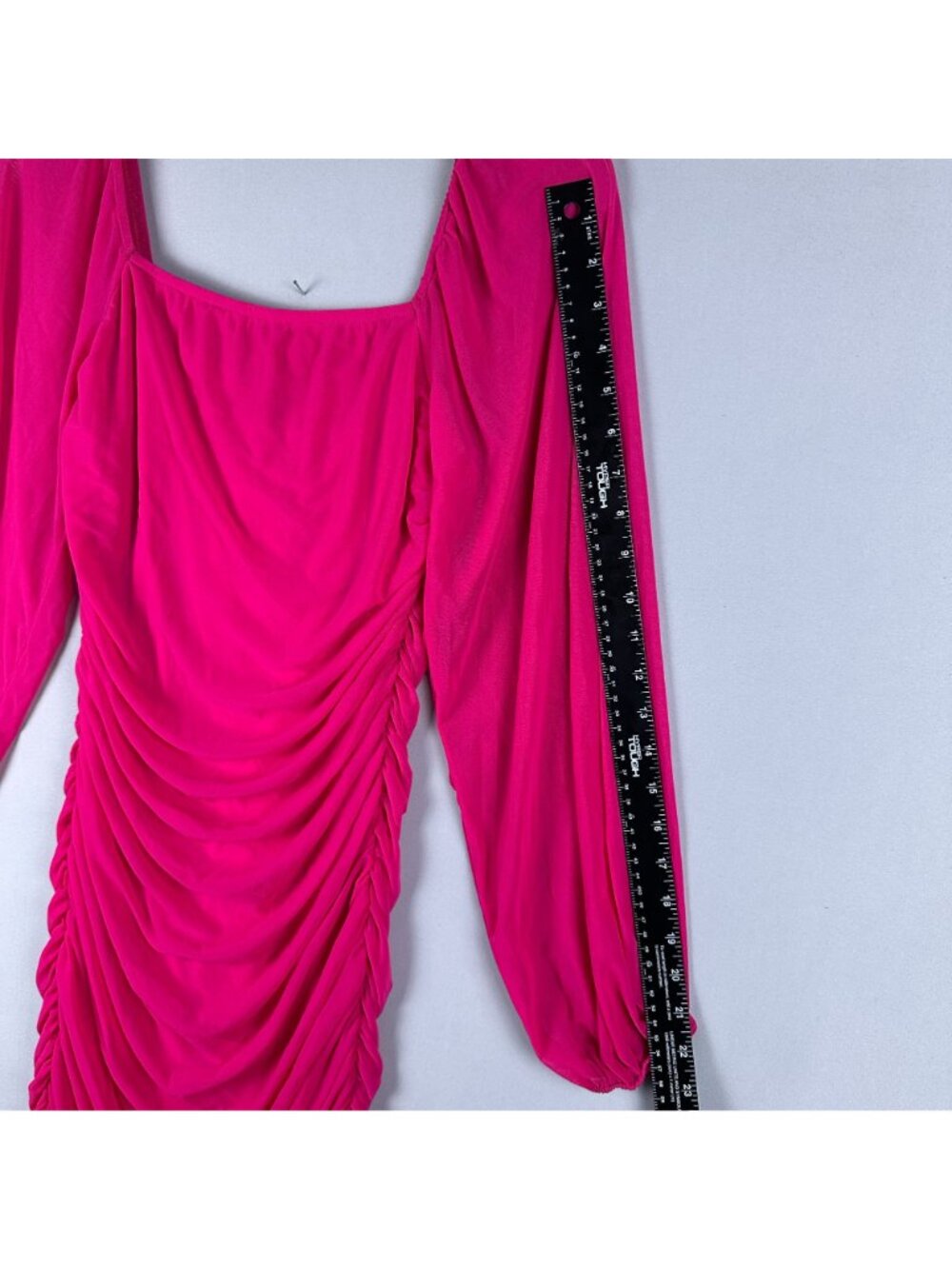 Fashion Womens Ruched Bodycon Mini Cocktail Dress Size M Puff Sleeve Hot Pink - Picture 8 of 14
